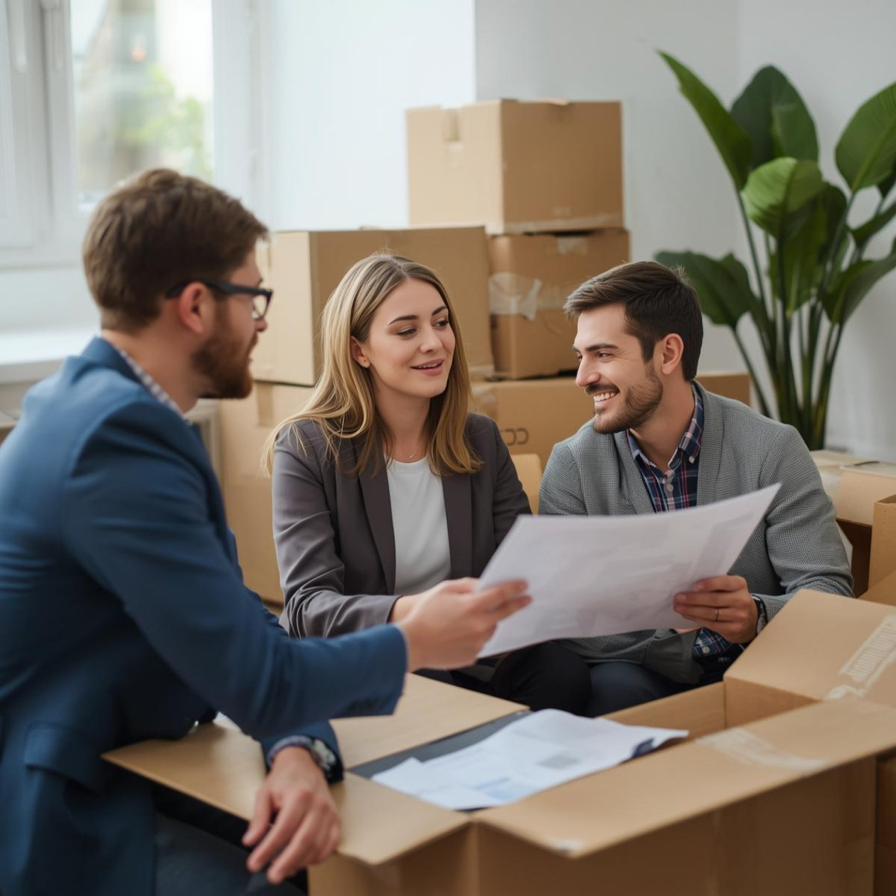 Couple meeting with a real estate agent to coordinate selling and buying homes during an out-of-state move.