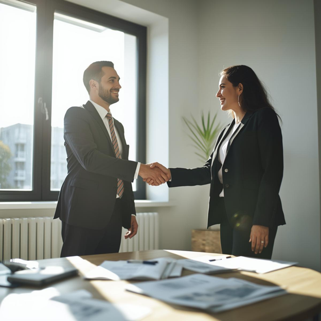 Two real estate professionals shaking hands after a successful client referral.