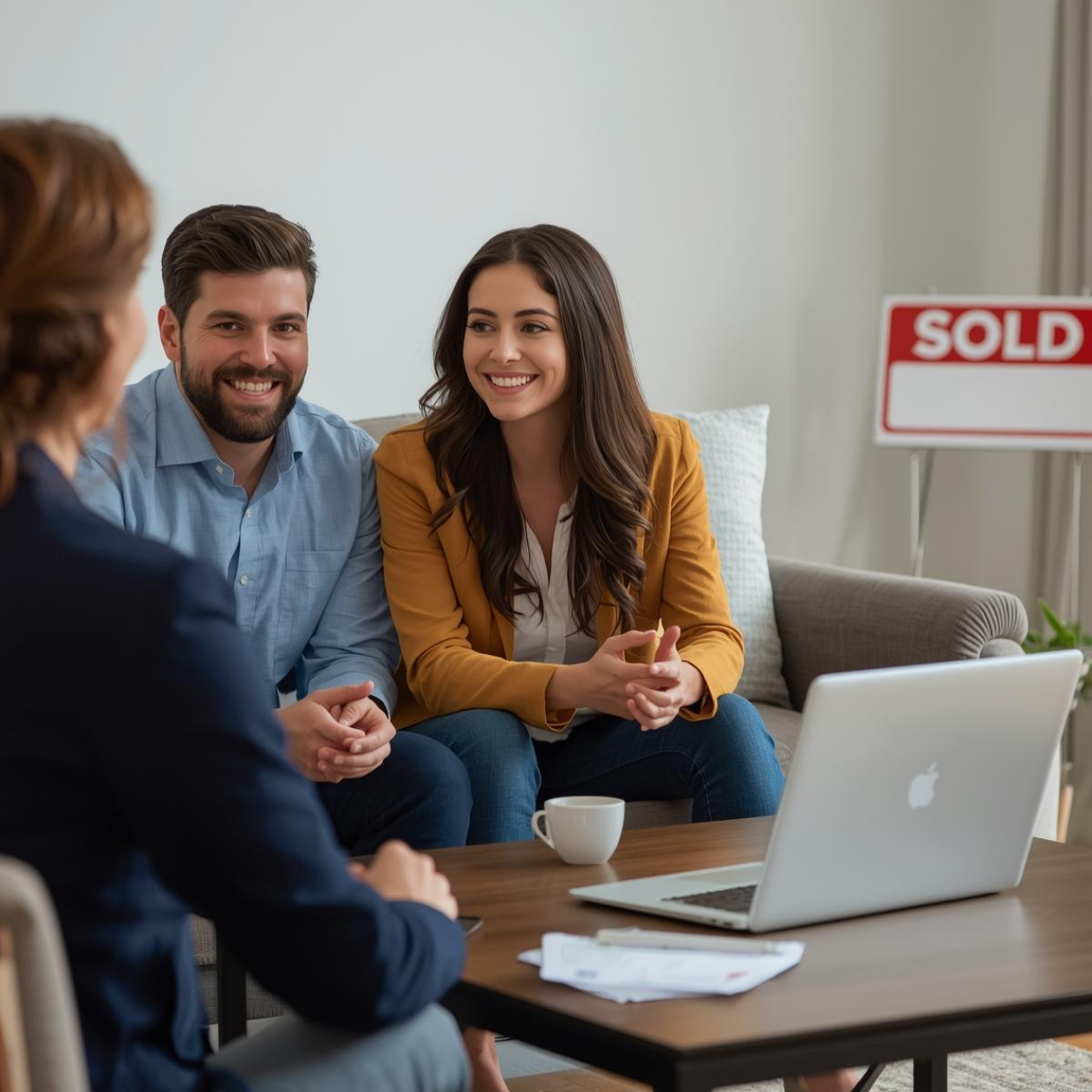 Happy homebuyers meeting with a local REALTOR® after being matched through a referral agent service.