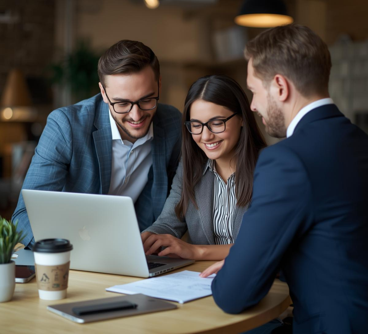 Homebuyers reviewing listings with a real estate agent, discussing next steps before making an offer.