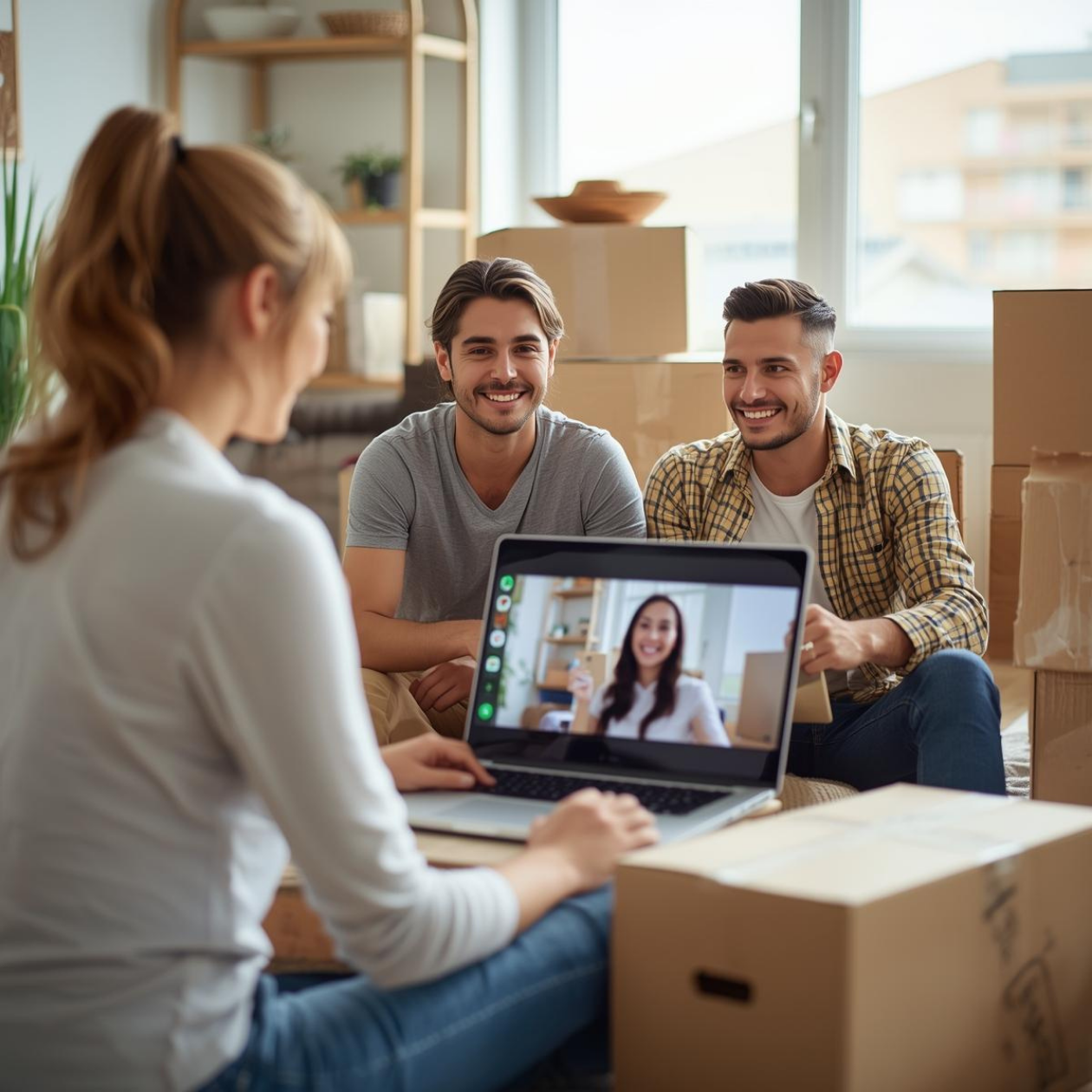 Couple video chatting with a real estate agent before their cross-country move to buy a new home.